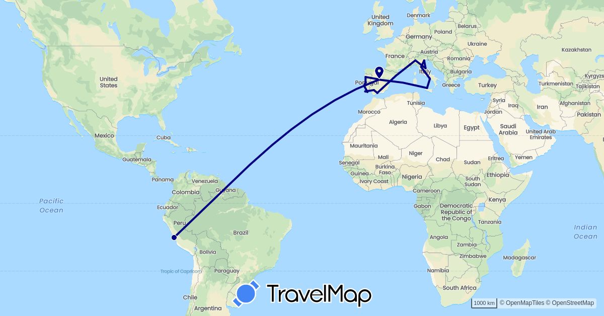 TravelMap itinerary: driving in Spain, Italy, Peru, Portugal (Europe, South America)